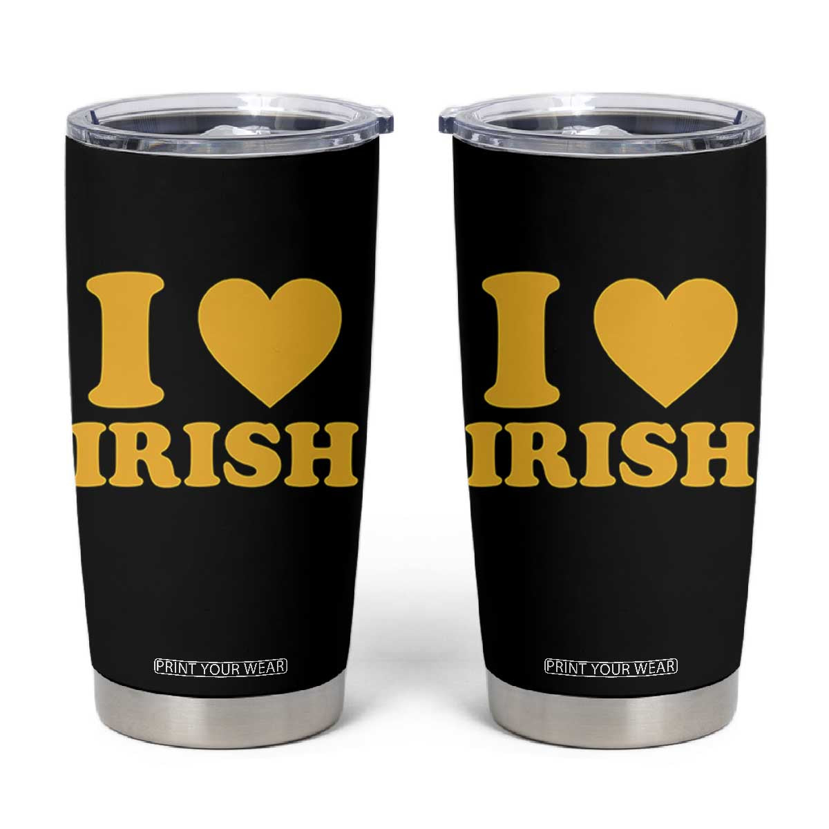 I Love Irish Tumbler Cup Bold Retro Typography Yellow Heart Graphic