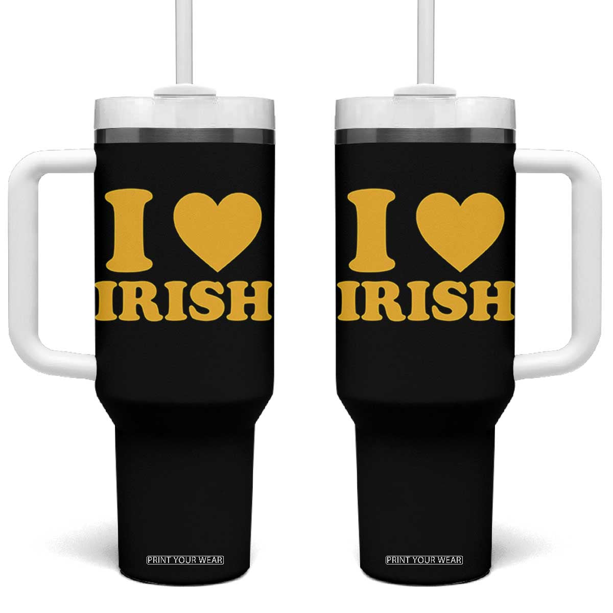 I Love Irish Tumbler With Handle Bold Retro Typography Yellow Heart Graphic