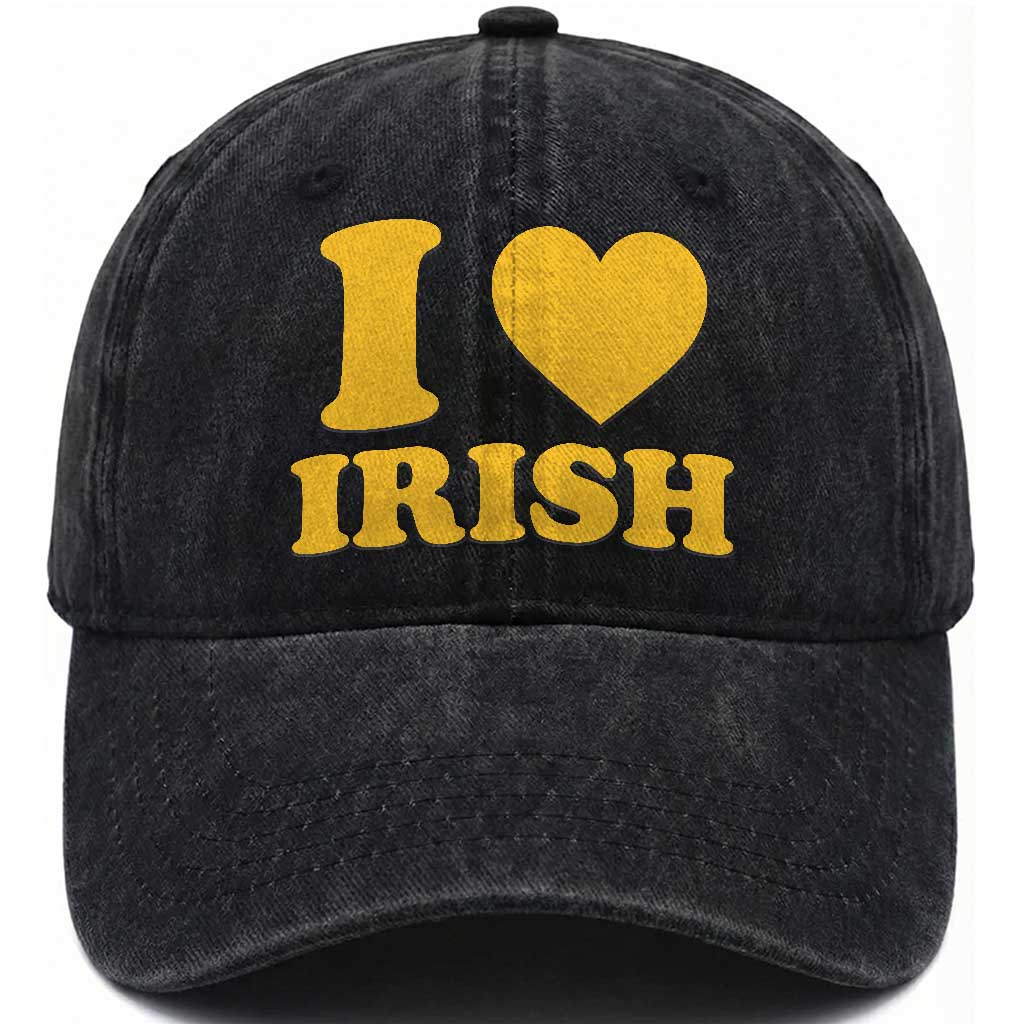 I Love Irish Washed Cotton Baseball Cap Bold Retro Typography Yellow Heart Graphic