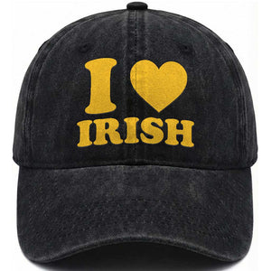 I Love Irish Washed Cotton Baseball Cap Bold Retro Typography Yellow Heart Graphic
