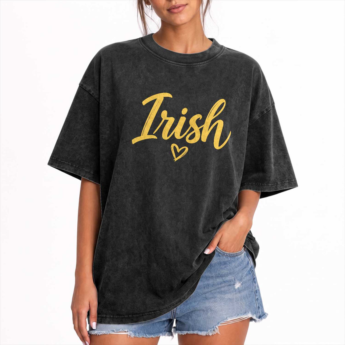 Irish Spirit Game Day Washed Cotton T-Shirt Small Heart Cursive Handwriting Yellow Graphic