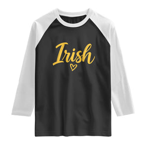 Irish Spirit Game Day Raglan Shirt Small Heart Cursive Handwriting Yellow Graphic