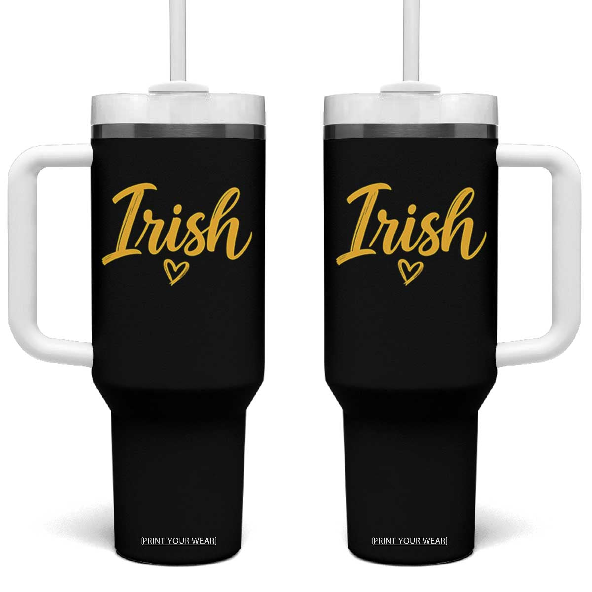 Irish Spirit Game Day Tumbler With Handle Small Heart Cursive Handwriting Yellow Graphic