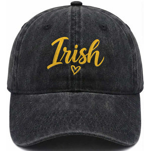 Irish Spirit Game Day Washed Cotton Baseball Cap Small Heart Cursive Handwriting Yellow Graphic