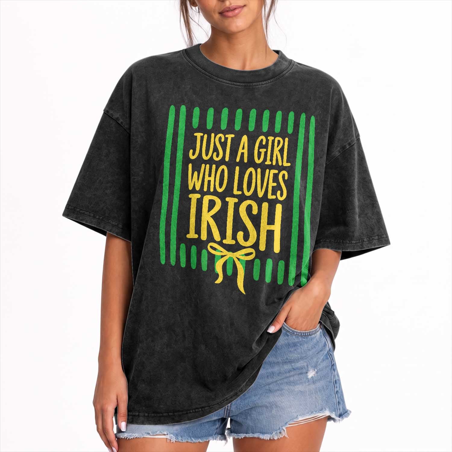 Striped Just A Girl Who Loves Irish Washed Cotton T-Shirt Stripes Yellow Coquette Bow Spirit Game Day Graphic