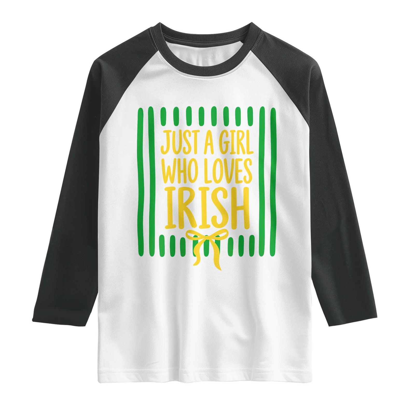 Striped Just A Girl Who Loves Irish Raglan Shirt Stripes Yellow Coquette Bow Spirit Game Day Graphic