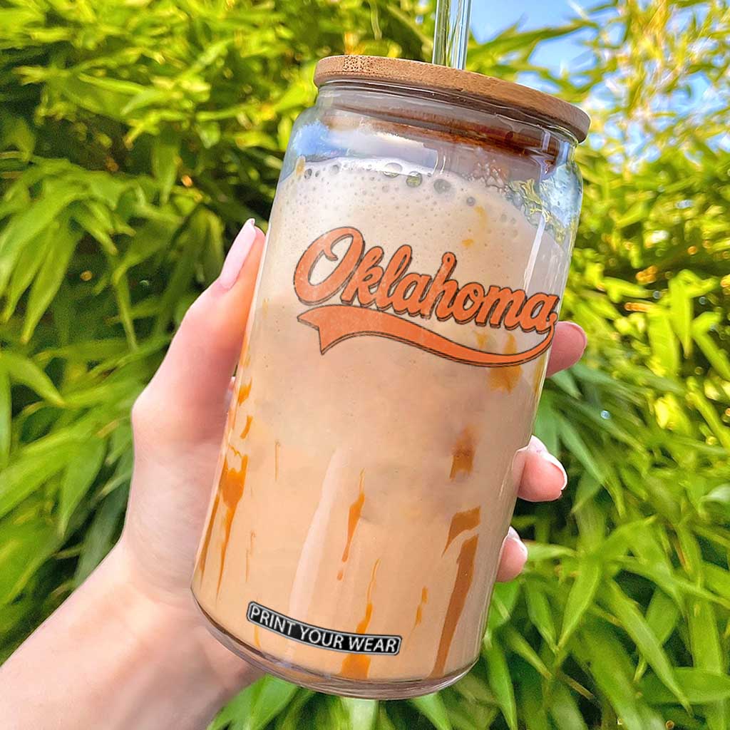 Oklahoma Orange Vintage Script Tail Game Day Glass Can