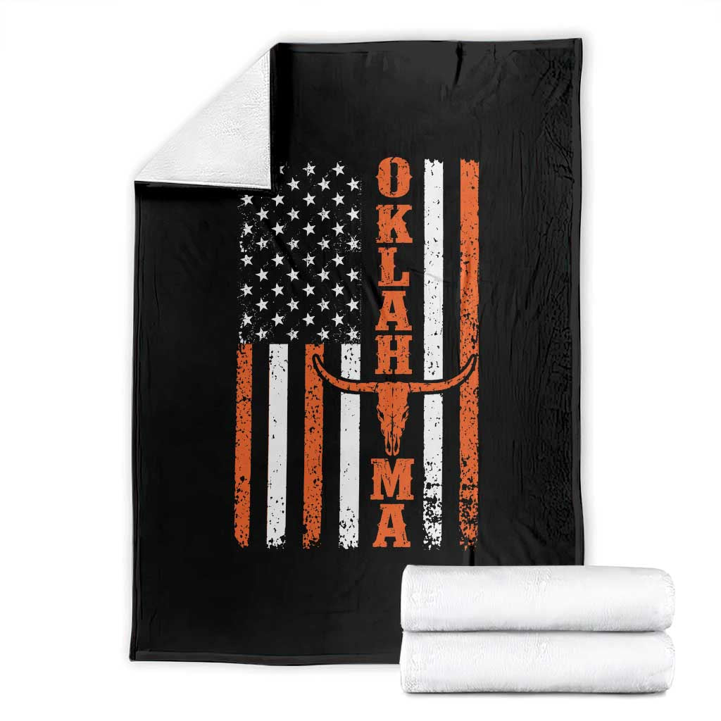 Oklahoma Orange Longhorn Skull Flag Distressed USA Flag Throw Blanket Retro Cowboy Western State Pride Aesthetic