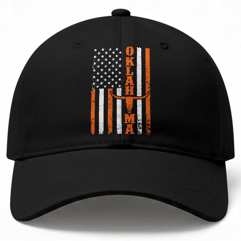 Oklahoma Orange Longhorn Skull Flag Distressed USA Flag Baseball Cap Retro Cowboy Western State Pride Aesthetic
