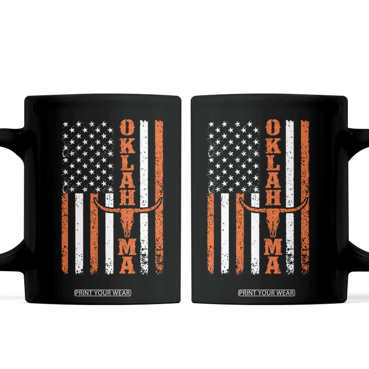 Oklahoma Orange Longhorn Skull Flag Distressed USA Flag Coffee Mug Retro Cowboy Western State Pride Aesthetic