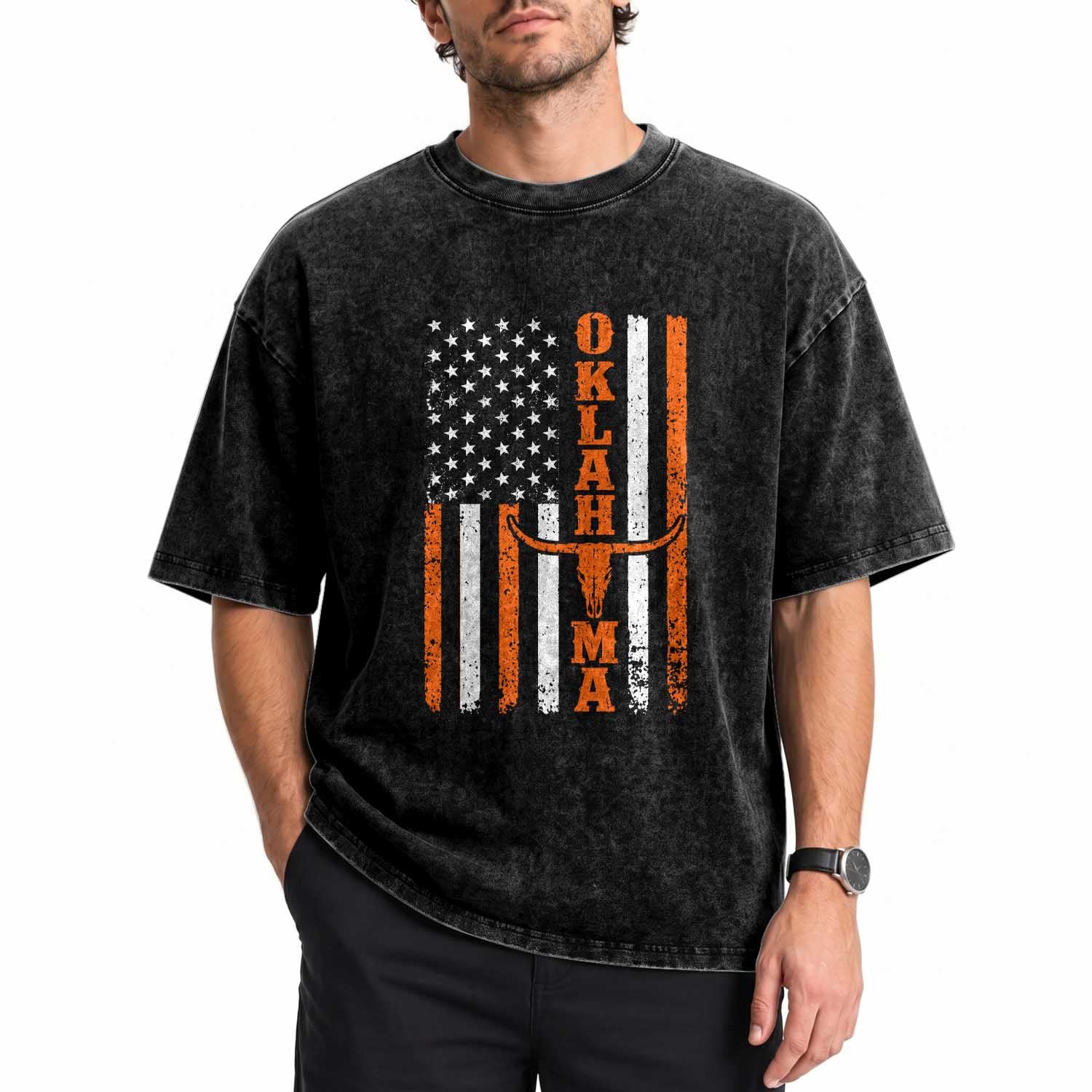 Oklahoma Orange Longhorn Skull Flag Distressed USA Flag Washed Cotton T-Shirt Retro Cowboy Western State Pride Aesthetic