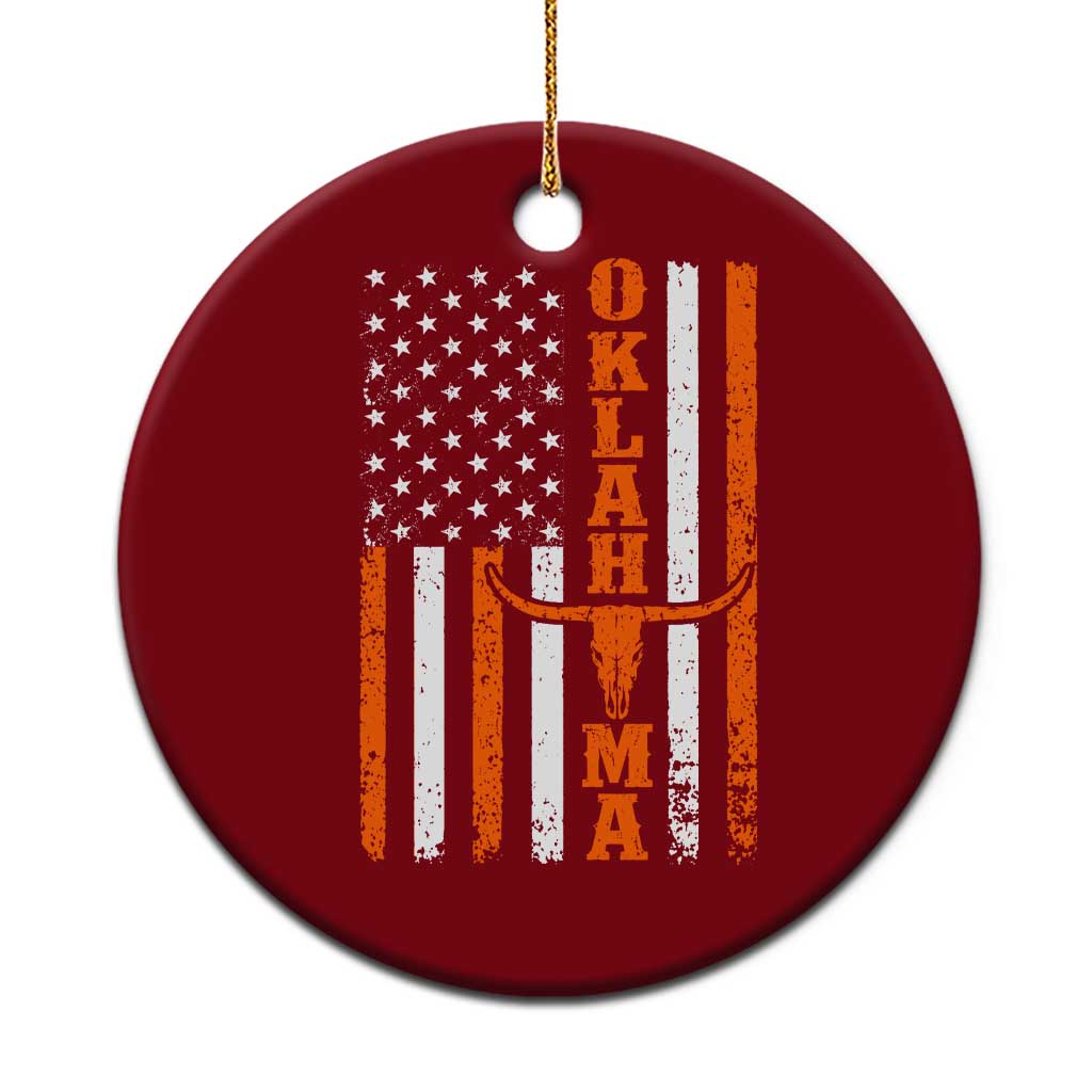 Oklahoma Orange Longhorn Skull Flag Distressed USA Flag Ceramic Ornament Retro Cowboy Western State Pride Aesthetic