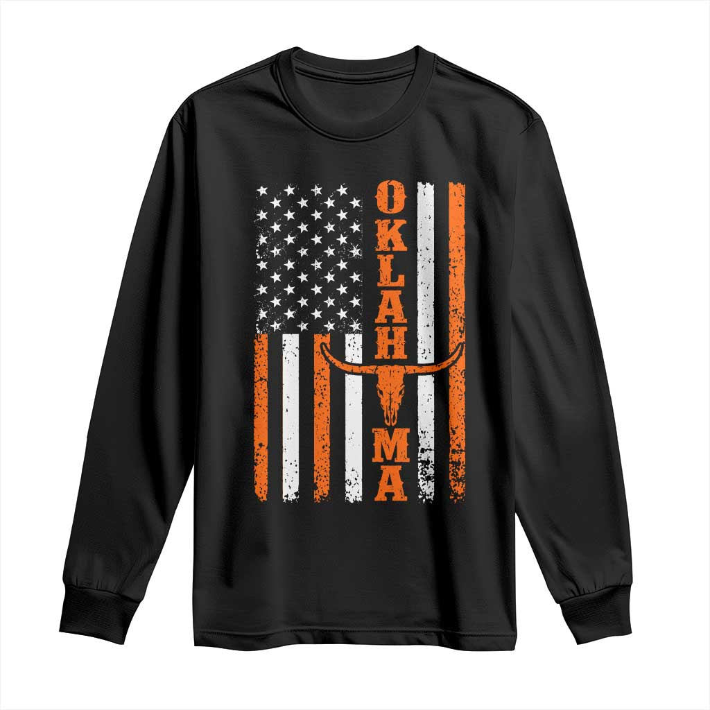 Oklahoma Orange Longhorn Skull Flag Distressed USA Flag Long Sleeve Shirt Retro Cowboy Western State Pride Aesthetic