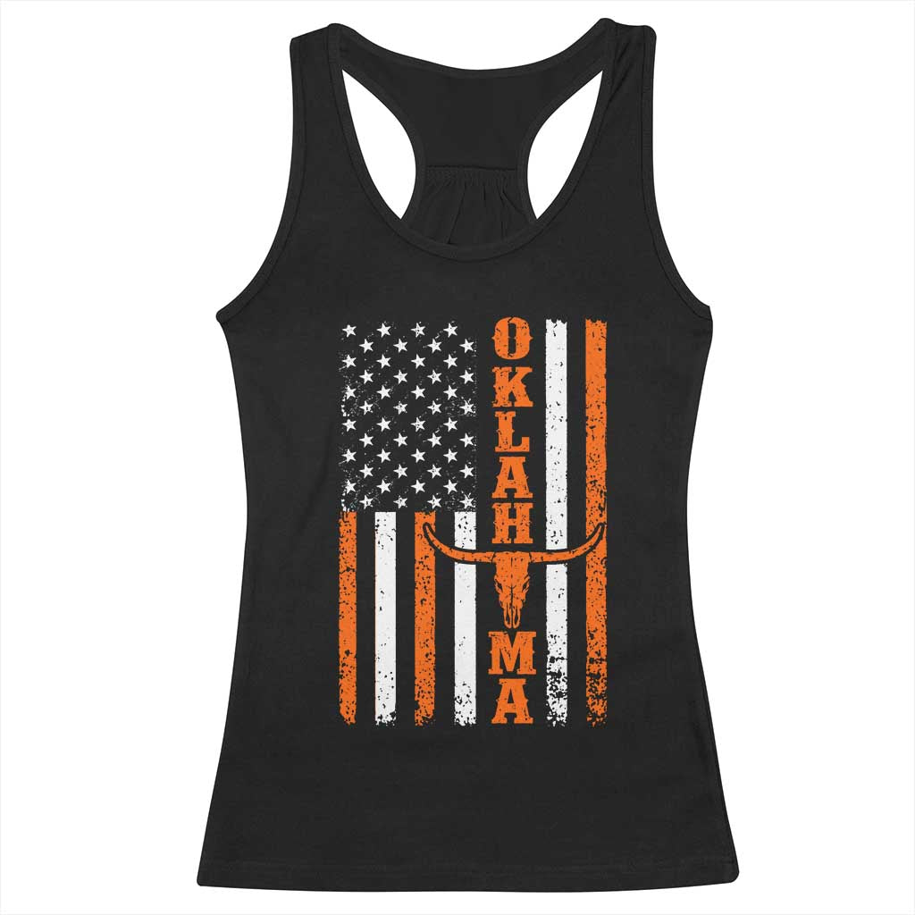 Oklahoma Orange Longhorn Skull Flag Distressed USA Flag Racerback Tank Top Retro Cowboy Western State Pride Aesthetic