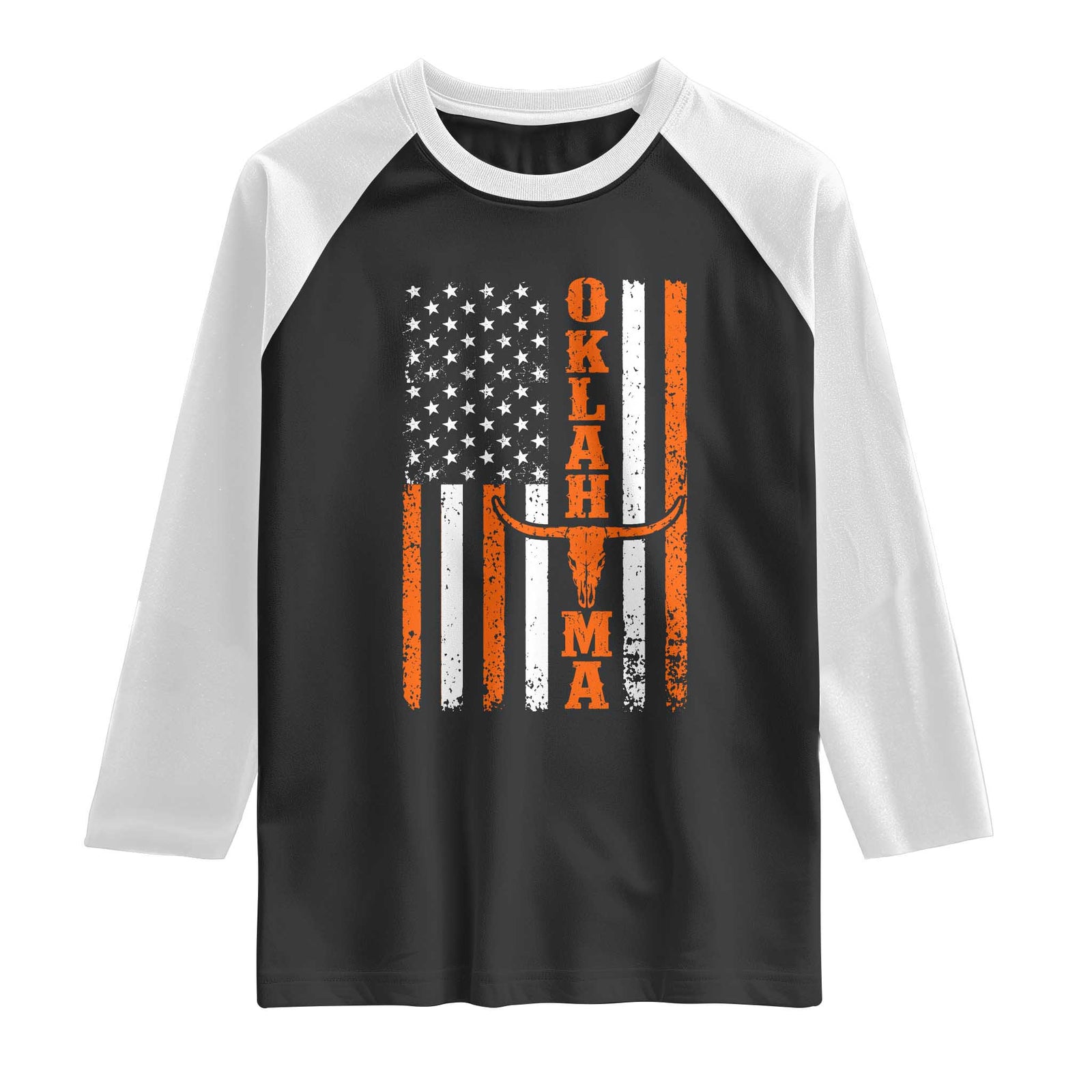 Oklahoma Orange Longhorn Skull Flag Distressed USA Flag Raglan Shirt Retro Cowboy Western State Pride Aesthetic