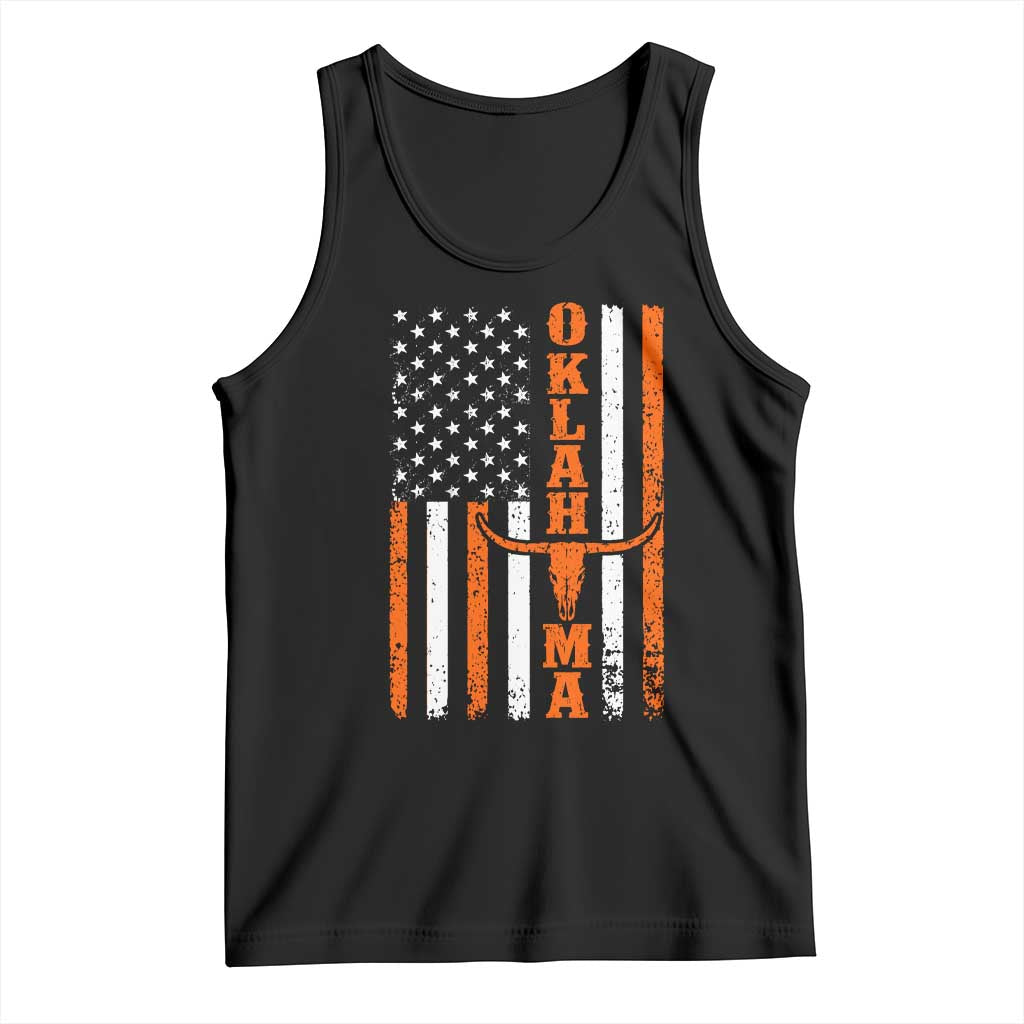 Oklahoma Orange Longhorn Skull Flag Distressed USA Flag Tank Top Retro Cowboy Western State Pride Aesthetic