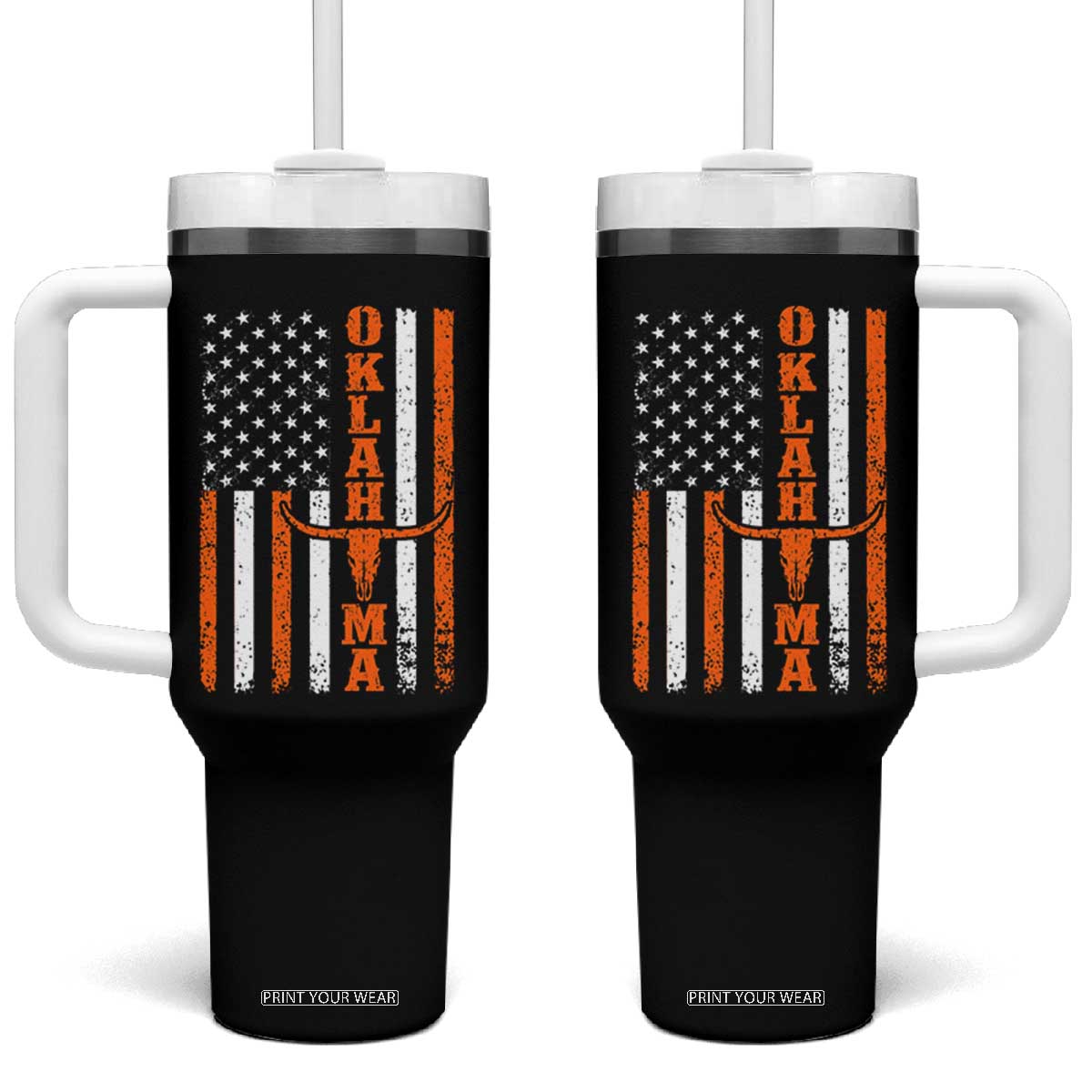 Oklahoma Orange Longhorn Skull Flag Distressed USA Flag Tumbler With Handle Retro Cowboy Western State Pride Aesthetic