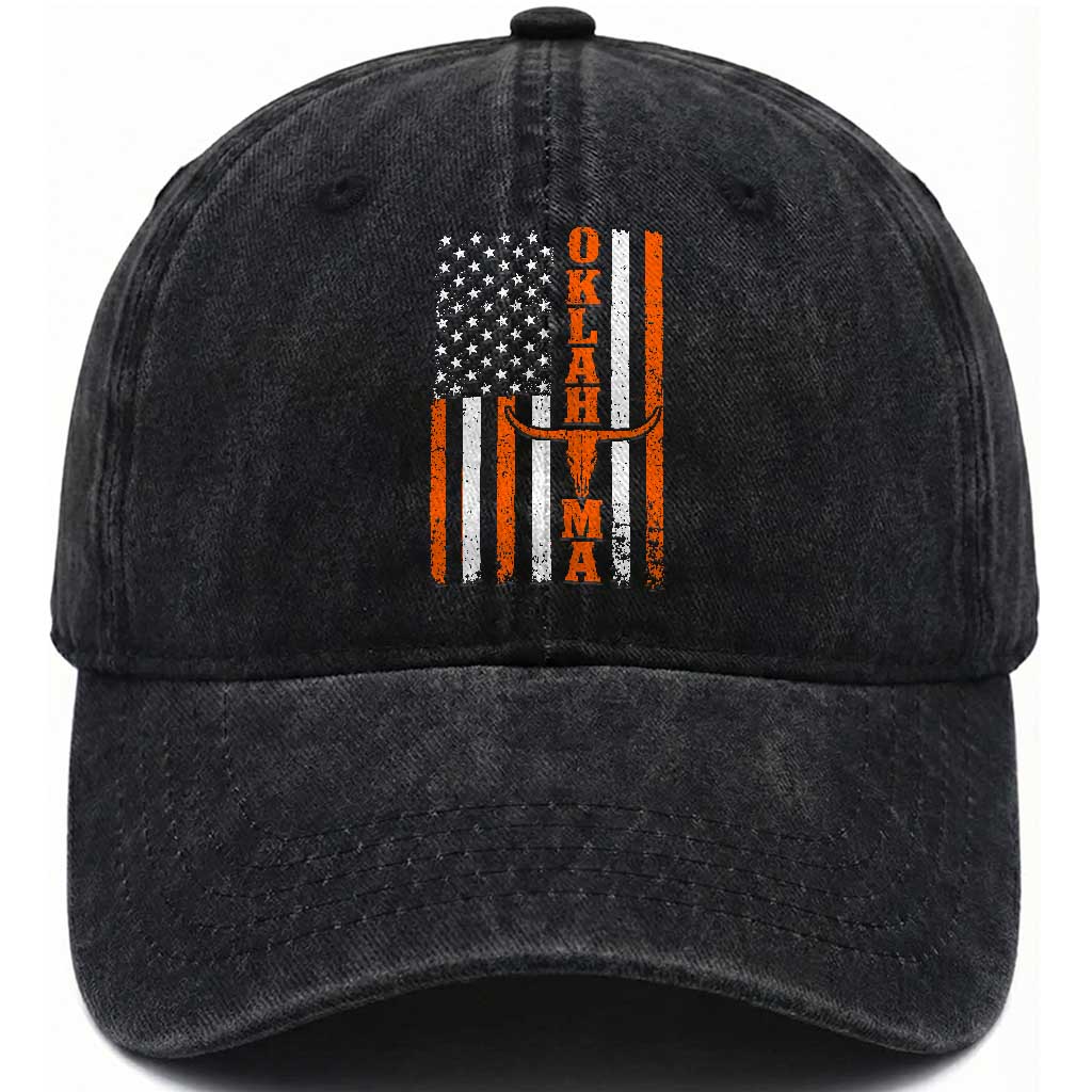 Oklahoma Orange Longhorn Skull Flag Distressed USA Flag Washed Cotton Baseball Cap Retro Cowboy Western State Pride Aesthetic