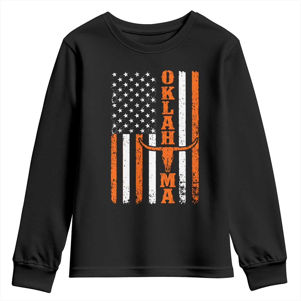Oklahoma Orange Longhorn Skull Flag Distressed USA Flag Youth Sweatshirt Retro Cowboy Western State Pride Aesthetic