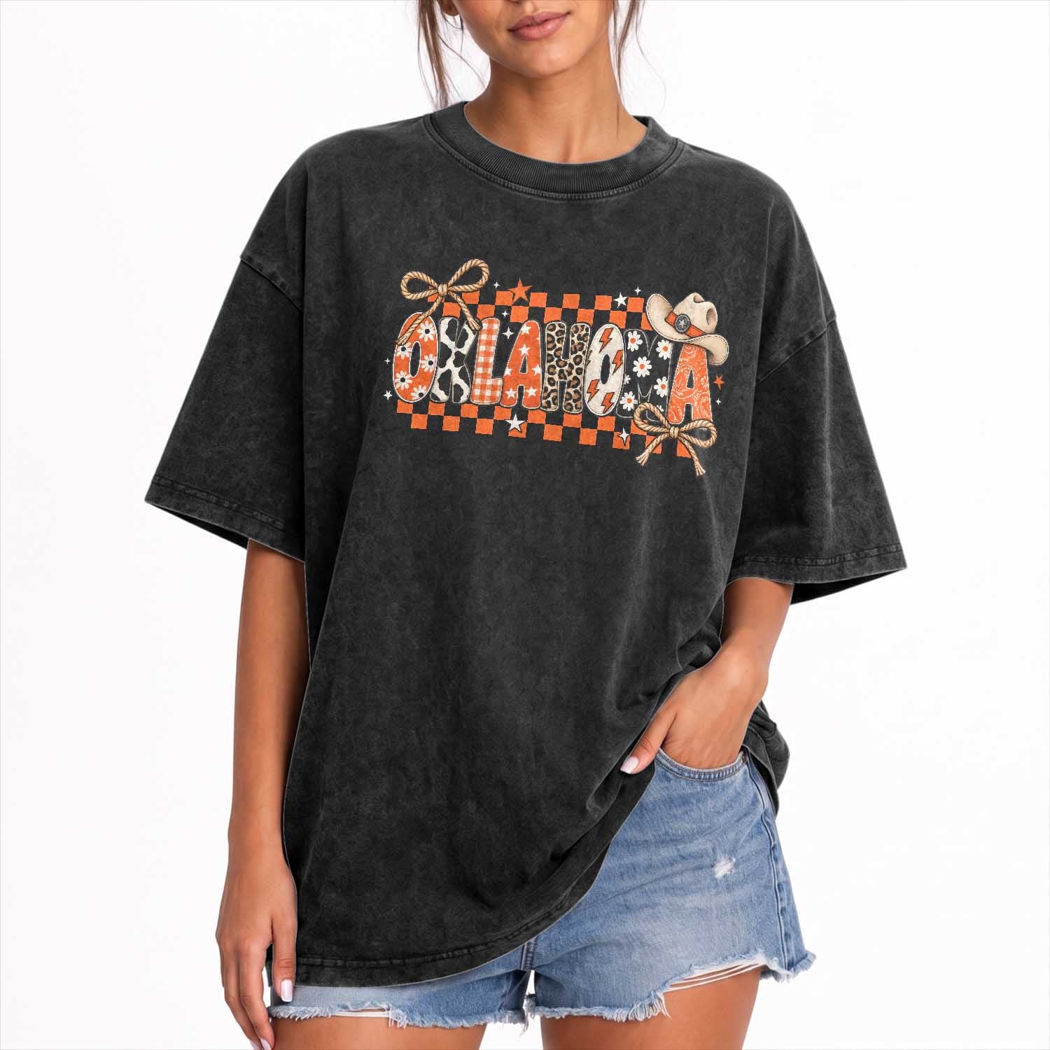 Oklahoma Orange Cowboy Hat Western Coquette Game Day Washed Cotton T-Shirt Retro Western State Pride Aesthetic