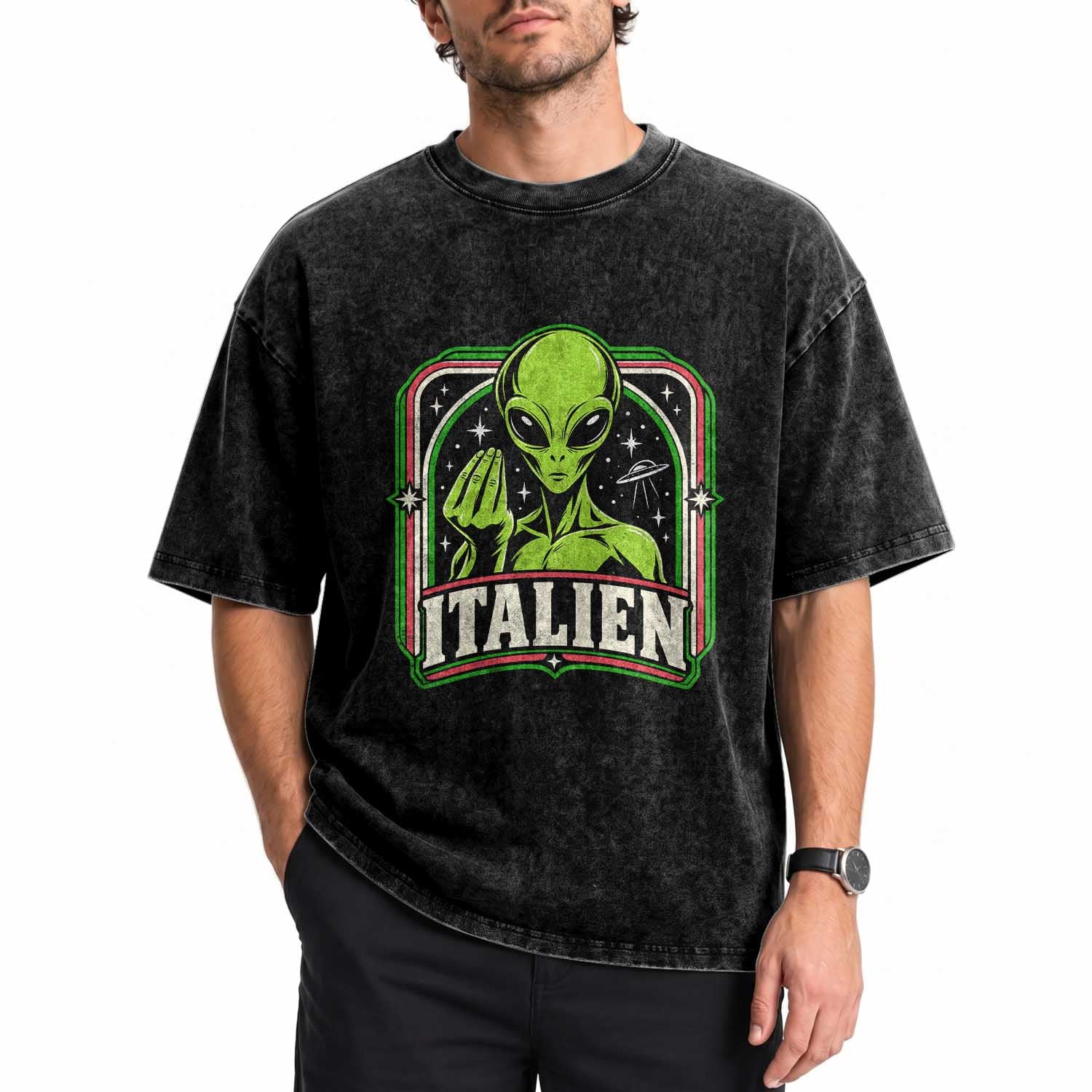 Italien Alien Italian Hand Gesture Sci Fi Washed Cotton T-Shirt Funny UFO Humor Pop Art Aesthetic
