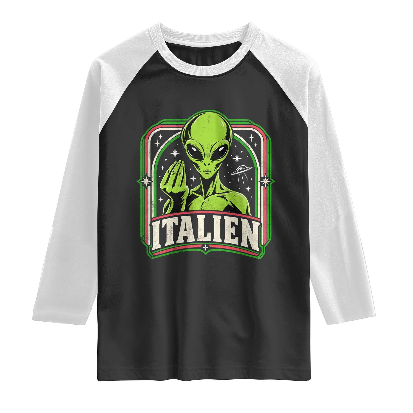 Italien Alien Italian Hand Gesture Sci Fi Raglan Shirt Funny UFO Humor Pop Art Aesthetic