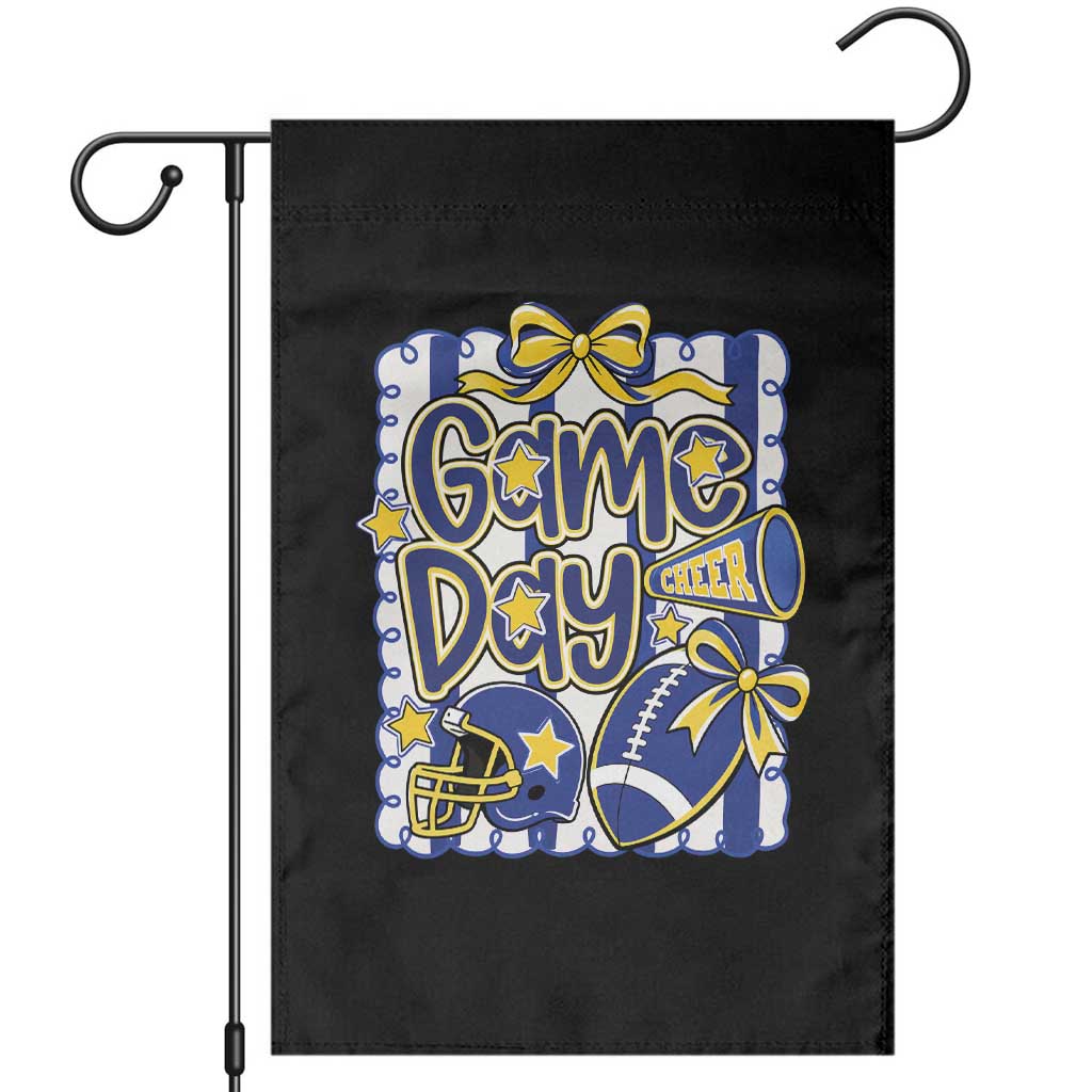 Retro Blue Gold Cheer Football Game Day Touchdown Season Coquette Bow Garden Flag