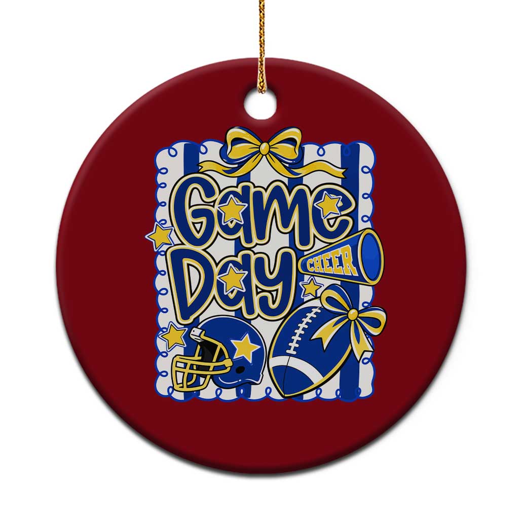 Retro Blue Gold Cheer Football Game Day Touchdown Season Coquette Bow Ceramic Ornament