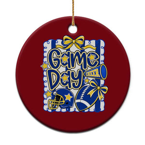 Retro Blue Gold Cheer Football Game Day Touchdown Season Coquette Bow Ceramic Ornament