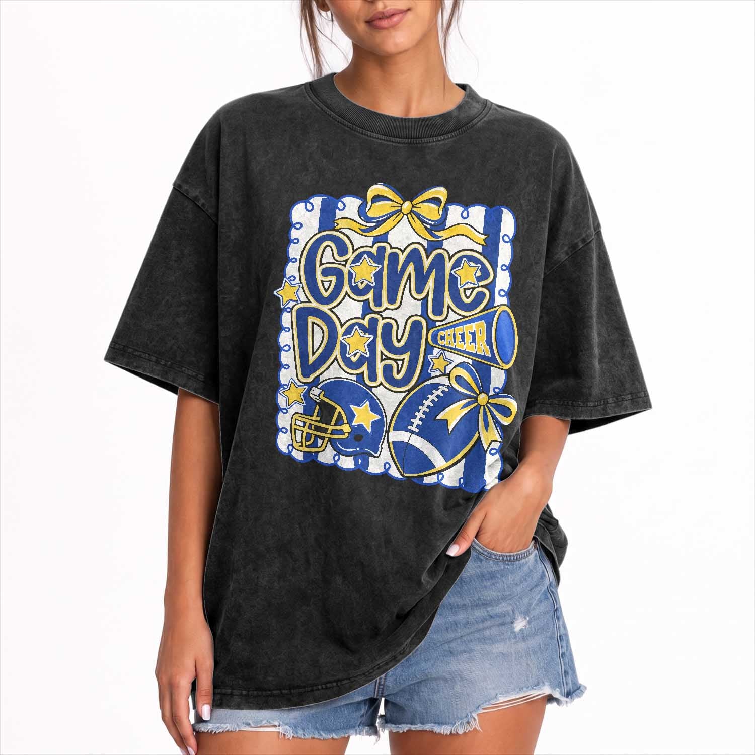 Retro Blue Gold Cheer Football Game Day Touchdown Season Coquette Bow Washed Cotton T-Shirt