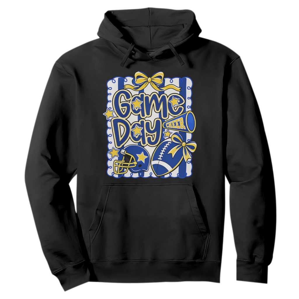 Retro Blue Gold Cheer Football Game Day Touchdown Season Coquette Bow Hoodie