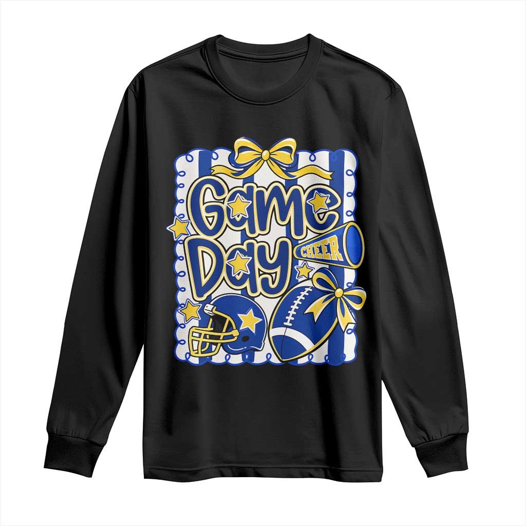 Retro Blue Gold Cheer Football Game Day Touchdown Season Coquette Bow Long Sleeve Shirt