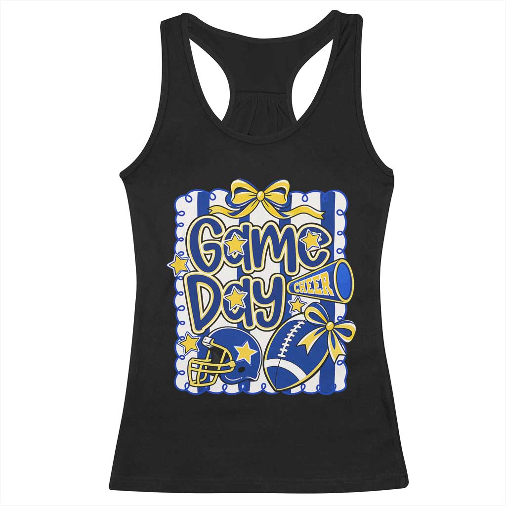 Retro Blue Gold Cheer Football Game Day Touchdown Season Coquette Bow Racerback Tank Top