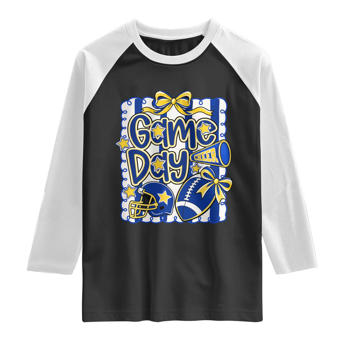 Retro Blue Gold Cheer Football Game Day Touchdown Season Coquette Bow Raglan Shirt