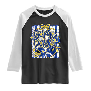 Retro Blue Gold Cheer Football Game Day Touchdown Season Coquette Bow Raglan Shirt