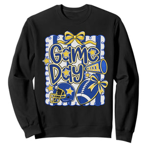 Retro Blue Gold Cheer Football Game Day Touchdown Season Coquette Bow Sweatshirt