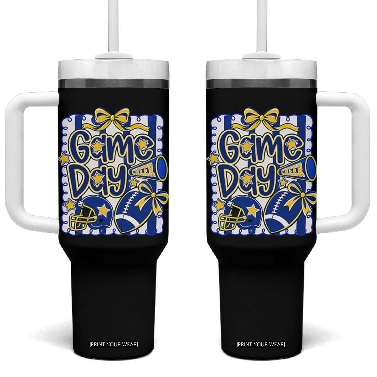 Retro Blue Gold Cheer Football Game Day Touchdown Season Coquette Bow Tumbler With Handle