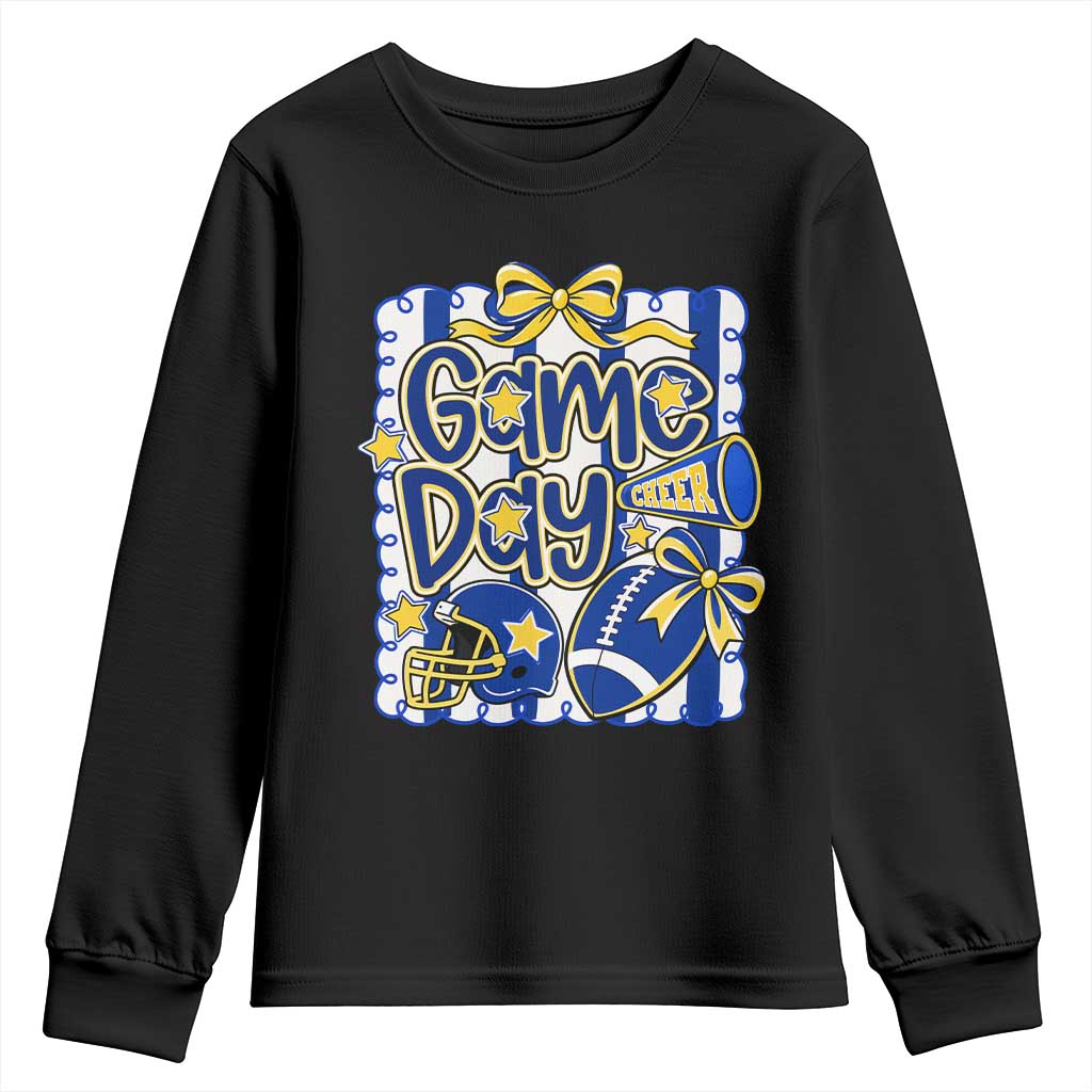 Retro Blue Gold Cheer Football Game Day Touchdown Season Coquette Bow Youth Sweatshirt