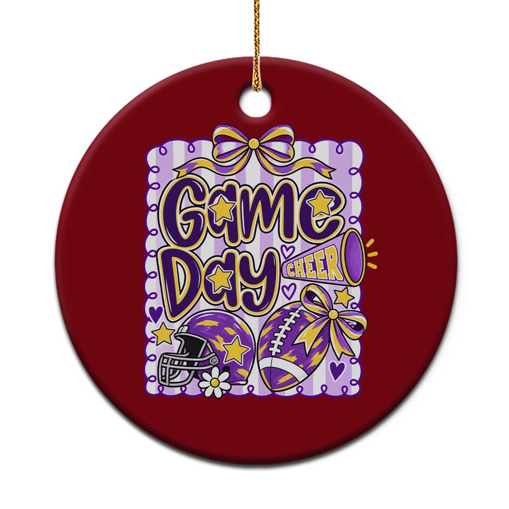 Purple Yellow Gold Football Game Day Touchdown Season Preppy Coquette Bow Ceramic Ornament