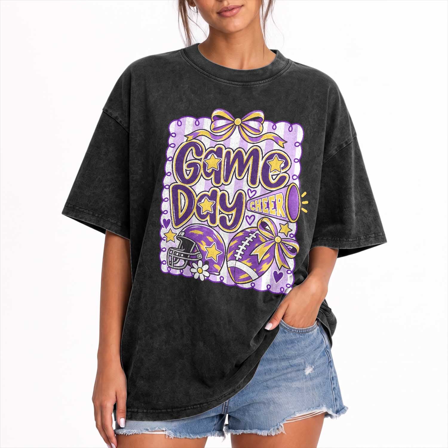 Purple Yellow Gold Football Game Day Touchdown Season Preppy Coquette Bow Washed Cotton T-Shirt