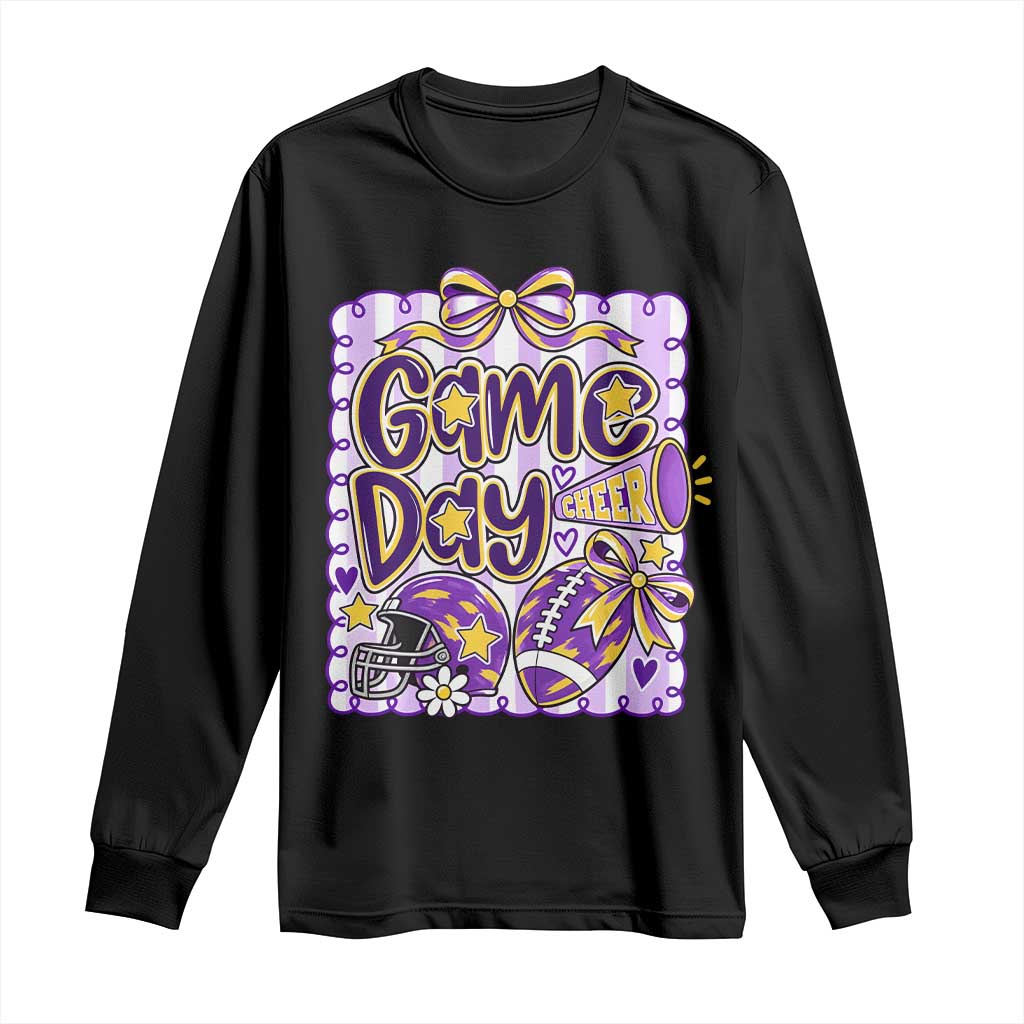 Purple Yellow Gold Football Game Day Touchdown Season Preppy Coquette Bow Long Sleeve Shirt