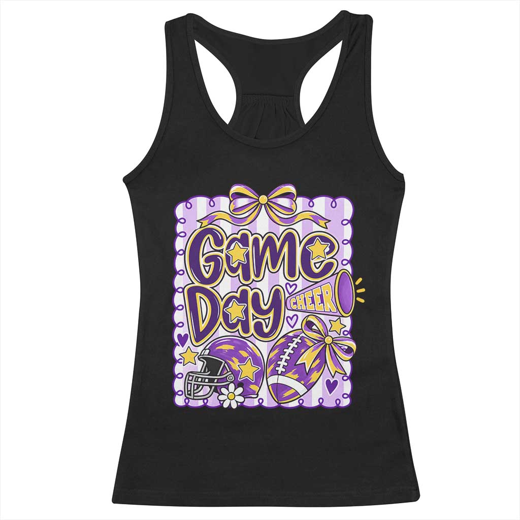 Purple Yellow Gold Football Game Day Touchdown Season Preppy Coquette Bow Racerback Tank Top