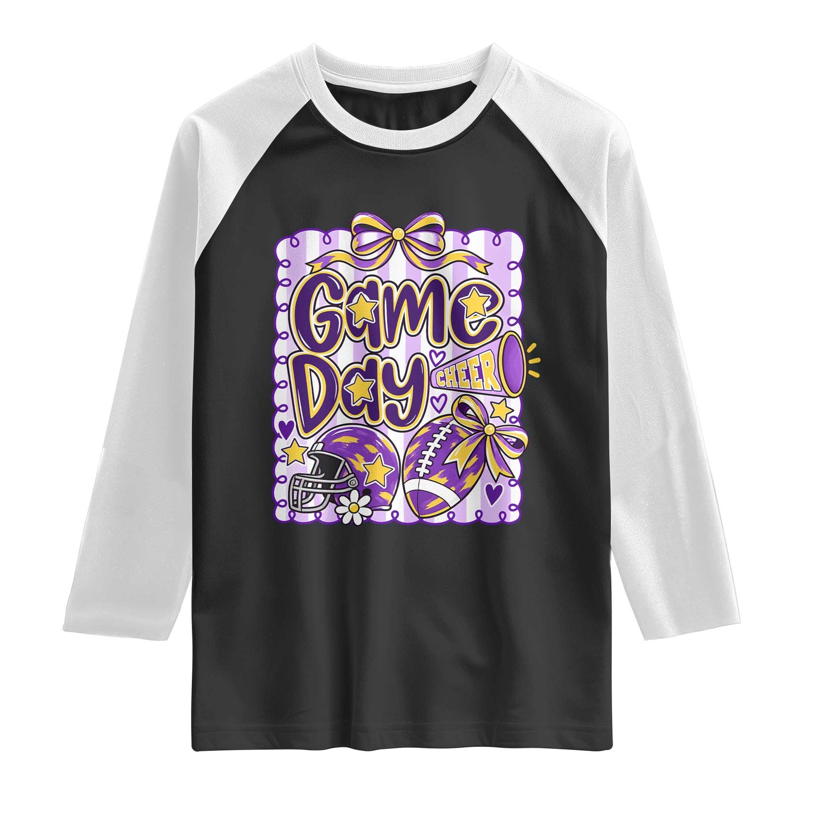 Purple Yellow Gold Football Game Day Touchdown Season Preppy Coquette Bow Raglan Shirt