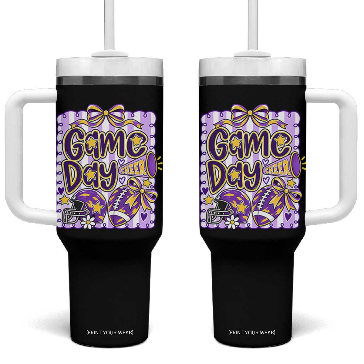 Purple Yellow Gold Football Game Day Touchdown Season Preppy Coquette Bow Tumbler With Handle