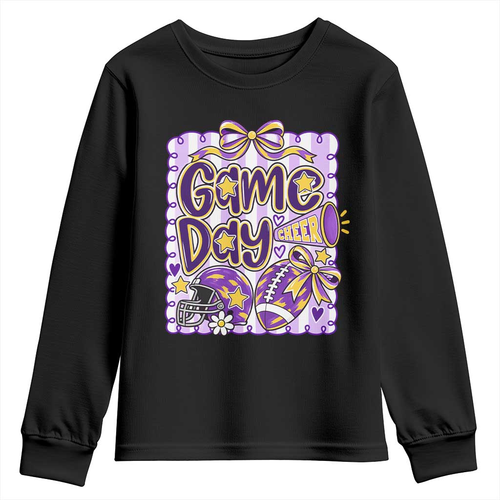 Purple Yellow Gold Football Game Day Touchdown Season Preppy Coquette Bow Youth Sweatshirt