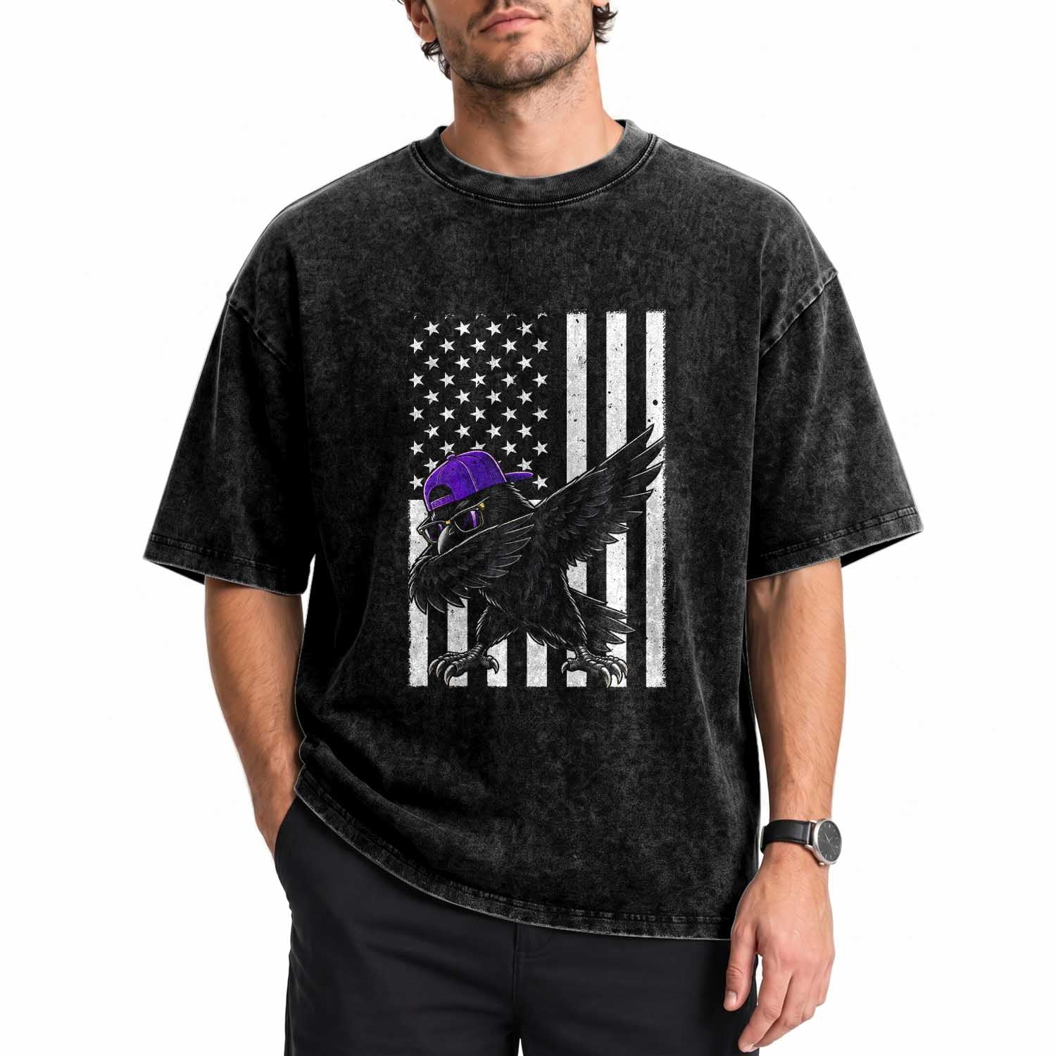 Game Day Dabbing Raven Washed Cotton T-Shirt Vintage American Flag Sport Fan Cool Bird Aesthetic