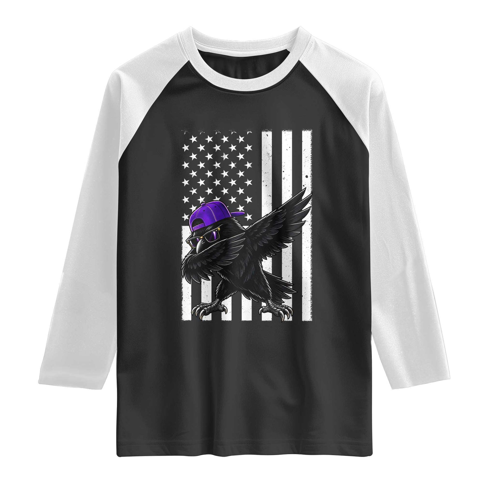 Game Day Dabbing Raven Raglan Shirt Vintage American Flag Sport Fan Cool Bird Aesthetic