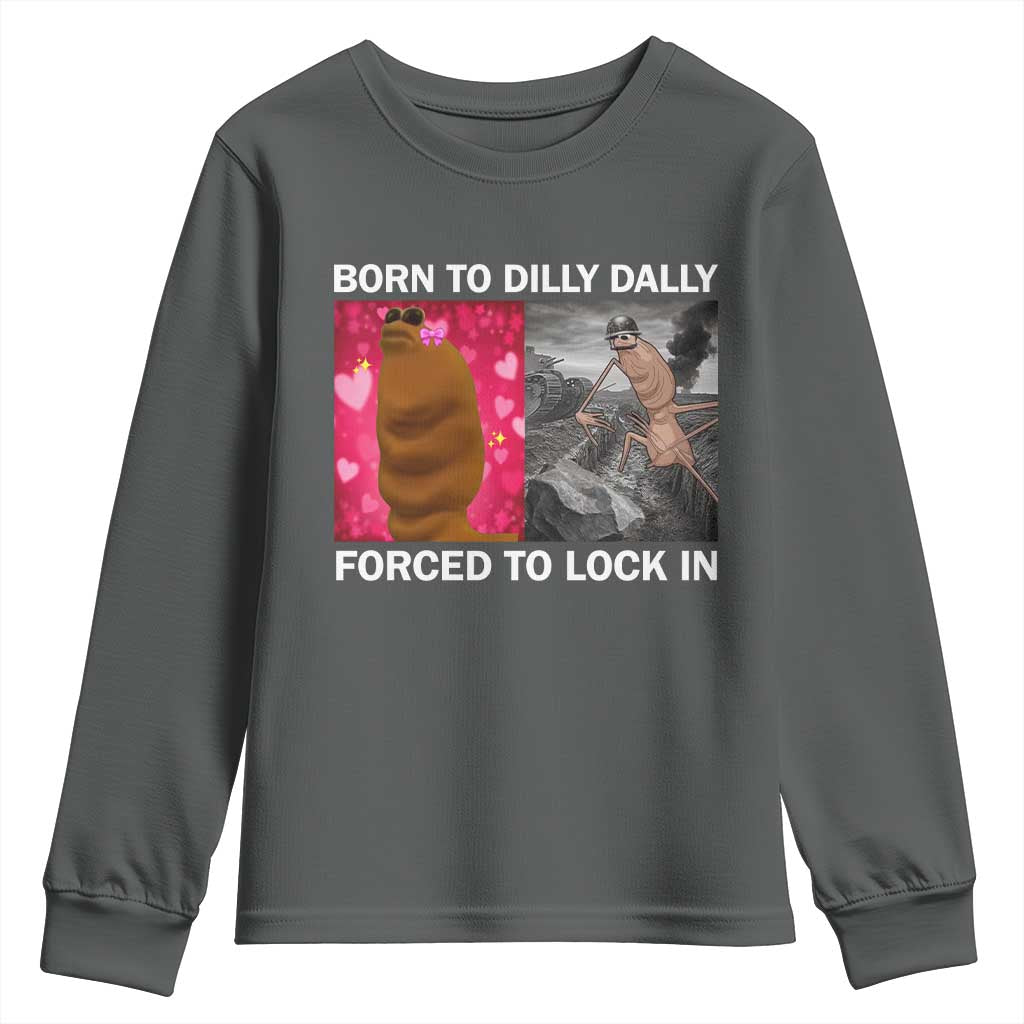 Marcus The Worm Meme Youth Sweatshirt Born To Dilly Dally Forced To Lock In Funny Cute Brainrot TS10 Dark Heather Print Your Wear