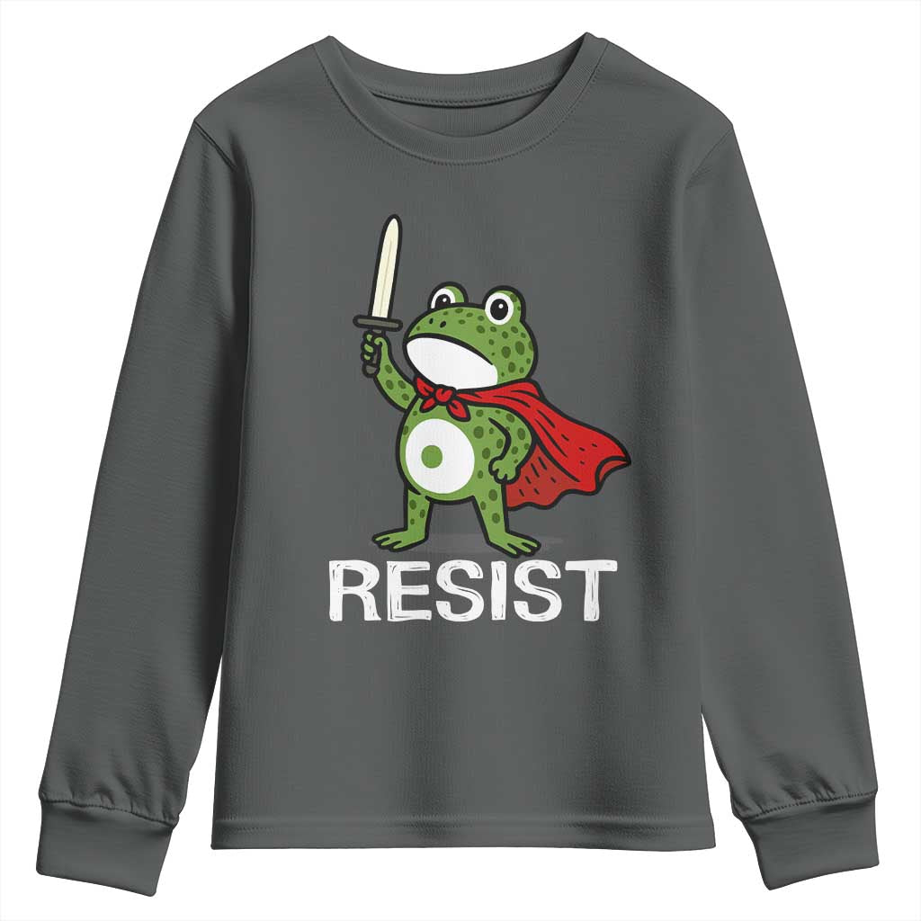 Resist Frog With Sword Youth Sweatshirt No Kings Portland Protest TS10 Dark Heather Print Your Wear