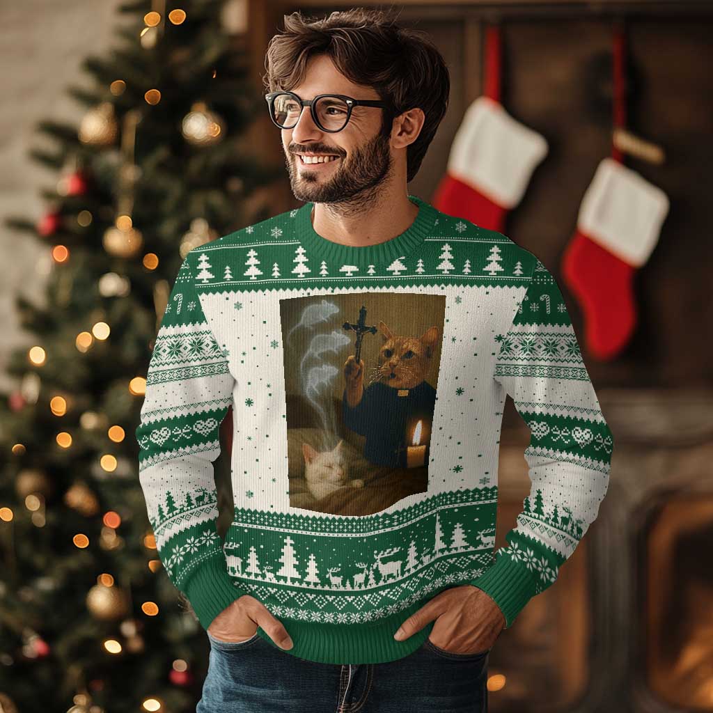 Funny Exorcist Cat Meme Ugly Christmas Sweater Dark Humor Cat TS10 Beige Green Print Your Wear